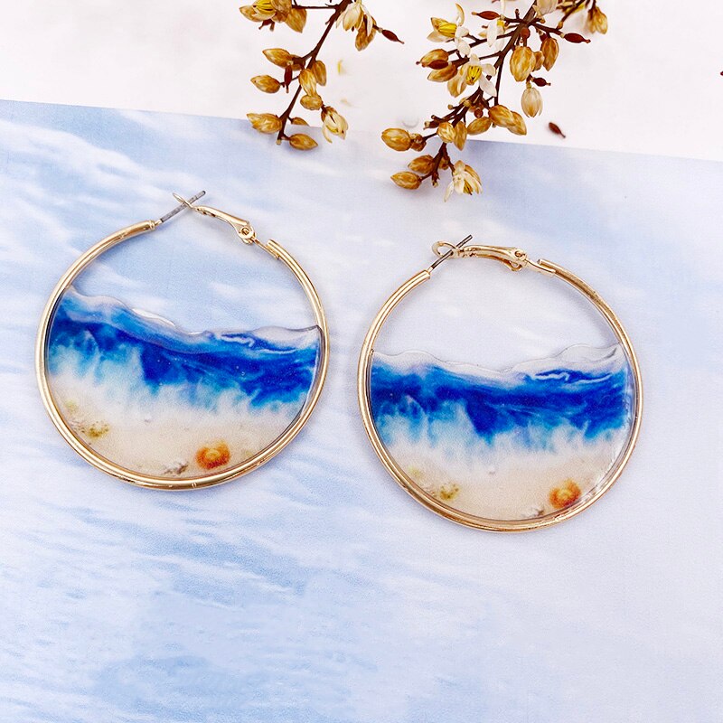 Fairy Blue Ocean Hoop Earrings Sea Earrings Female Beach Earrings Enamel Sea Shell Big Circle Earrings Summer Jewelry