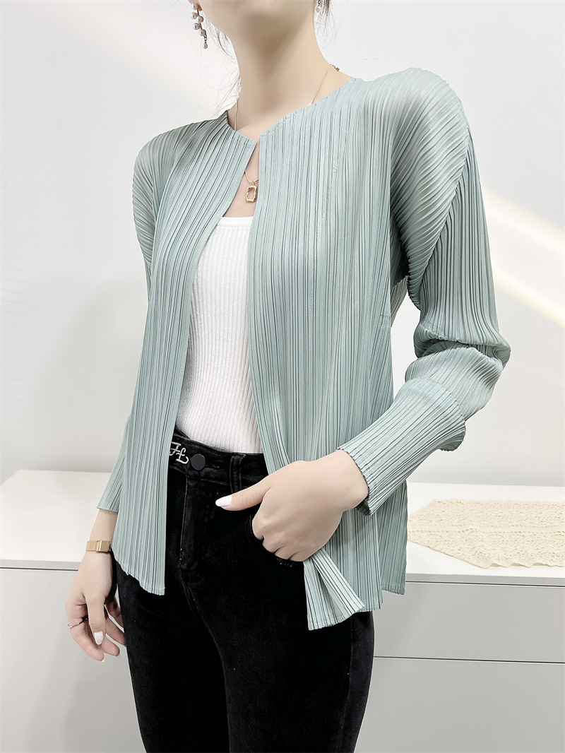 Miyake plisserte korte jakker dame cardigan lange ermer tynn løs kåpe rund krage avslappet vill sommertopper: beige