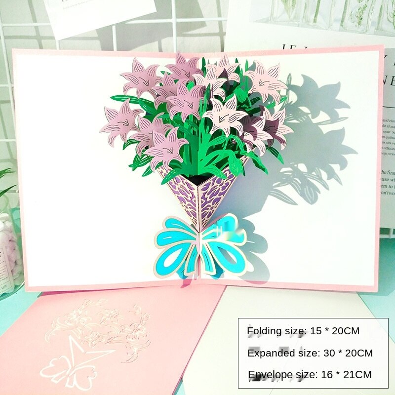 Pop-Up Flower Card 3PCS Flora 3D Greeting Card for Mother's Day Children's Greeting Card Rose Bouquet Handmade Stereo Card Lily: C-3PCS