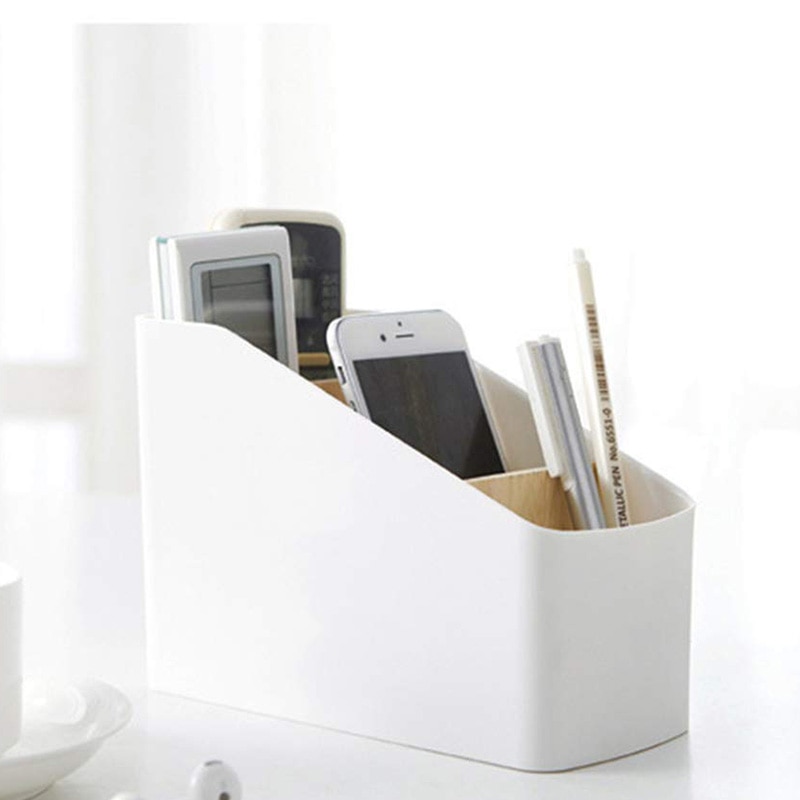 Soporte para mando a distancia de plástico y madera Caddy, desmontable, 4 compartimentos, organizador de escritorio de oficina, soporte para lápices