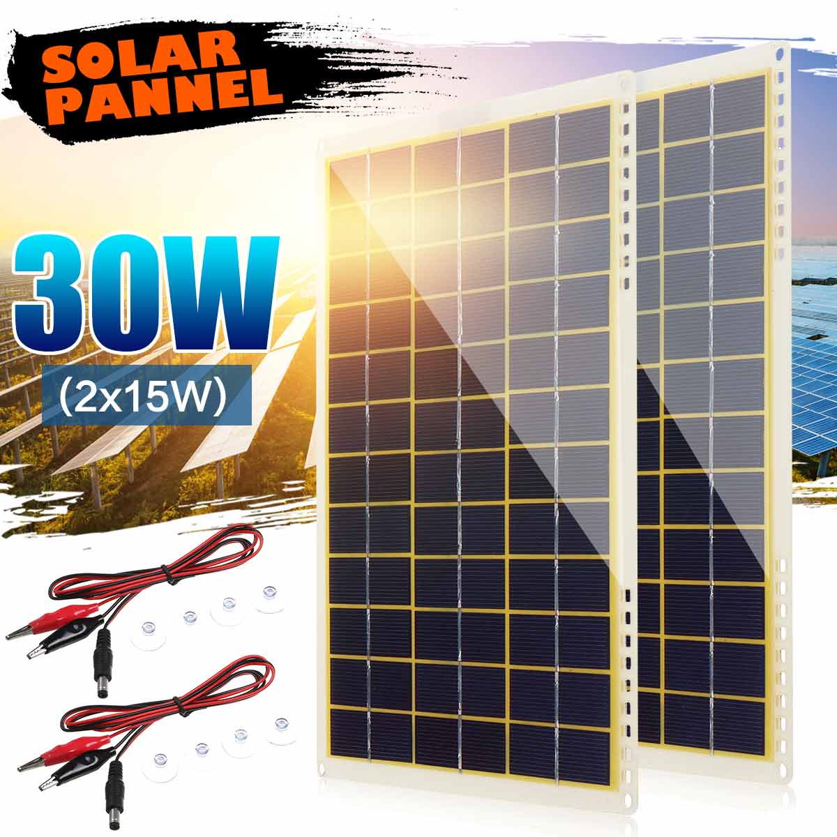 KINCO 60W/30W/15W Solar Panel 12V Polycrystalline Solar Panel with Line Clip 4X Suction Cups for Outdoor Camping Emergency Light: 30W