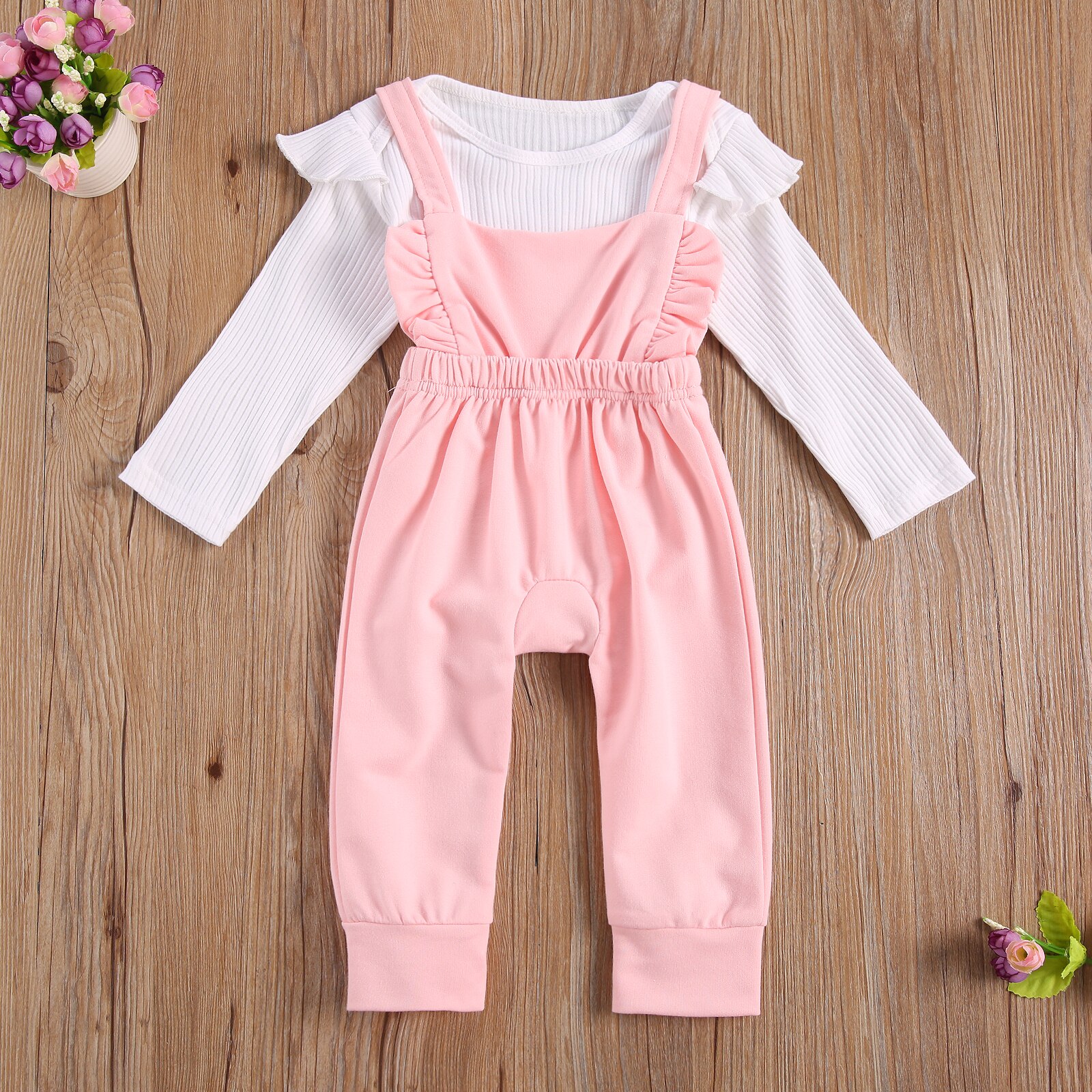 FOCUSNORM 0-24M Autumn Infant Baby Girls Boys Clothes Sets Solid Ruffles Long Sleeve Romper Tops+Bib Overalls Pants 5 Colors