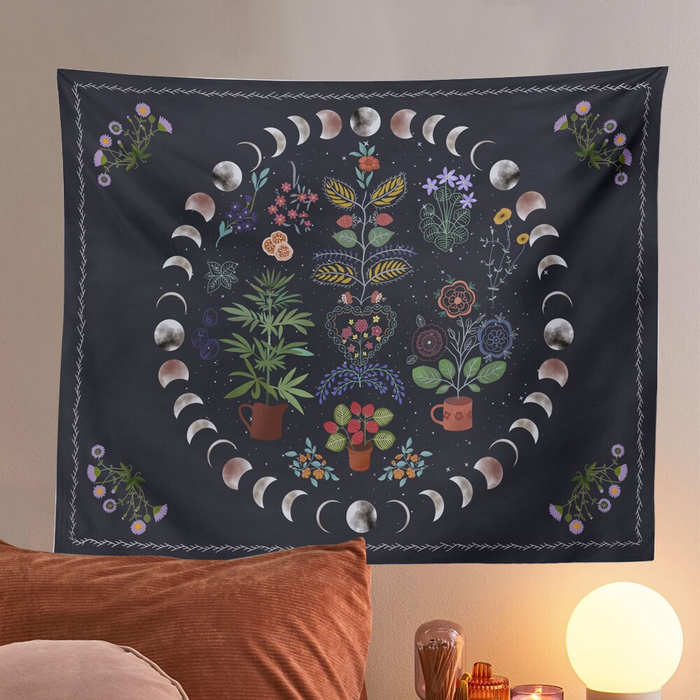 Moonlit Tuin Tapestry Maan Fase Tapestry Bloemen Wandtapijten Zwarte Achtergrond Bloemen Tapijt Muur Opknoping Voor Kamer Home Decor