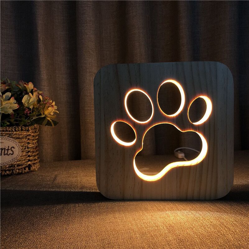 LED USB Night Light Wooden Dog Paw Cat Wolf Head Animal Lamp Novelty Kid Bedroom 3D Decoration Table Lights Child