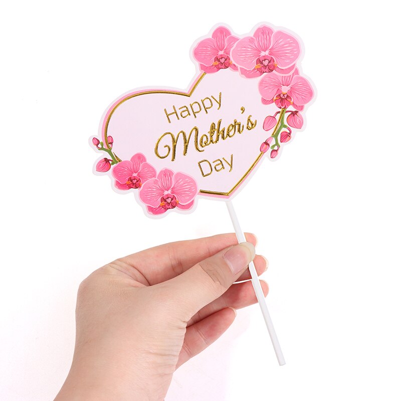 10pcs Cake Topper Pink Heart Flower Decoration Happy Mother`s Day Cake Toppers For Mother`s Day Cupcake Dessert Supplies