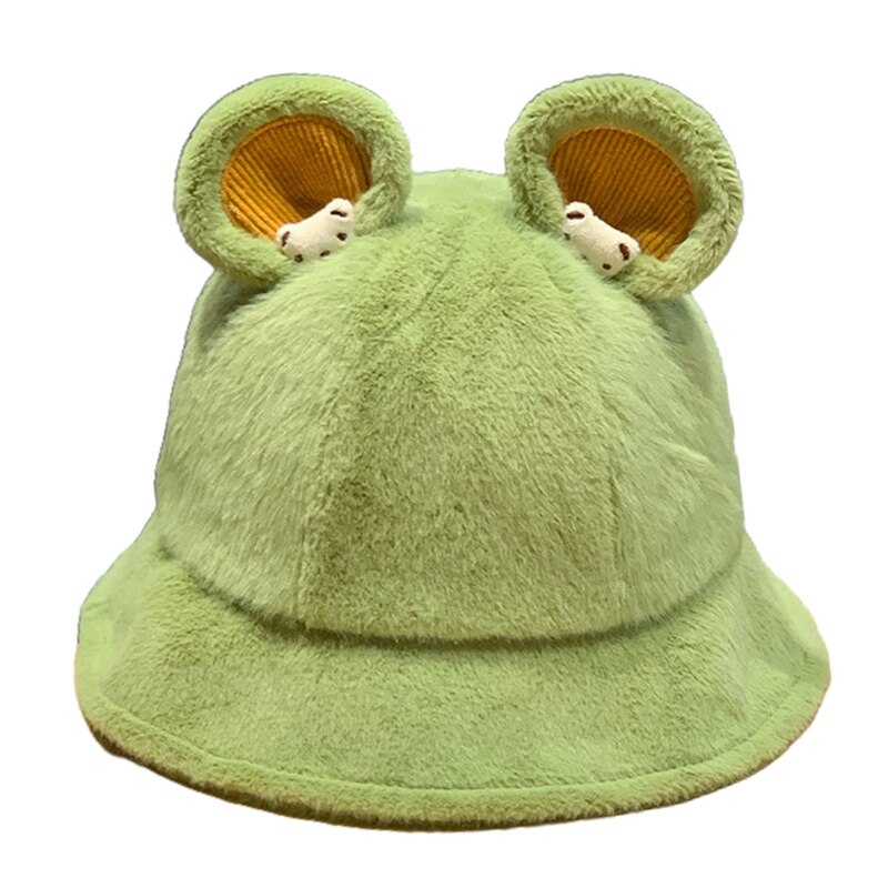 Lovely Fisherman Hat Cute Bear Ear Basin Cap Leisure Soft Sister Solid Color Bucket Cap Outdoor Activities Skiing Hiking: Green
