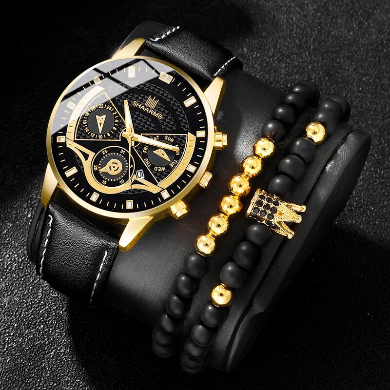 3 Stuks Set Heren Horloge Minimalistische Heren Mode Ultra Dunne Horloges Eenvoudige Mannen Zakelijk Lederen Quartz Polshorlogio Masculino: Goud