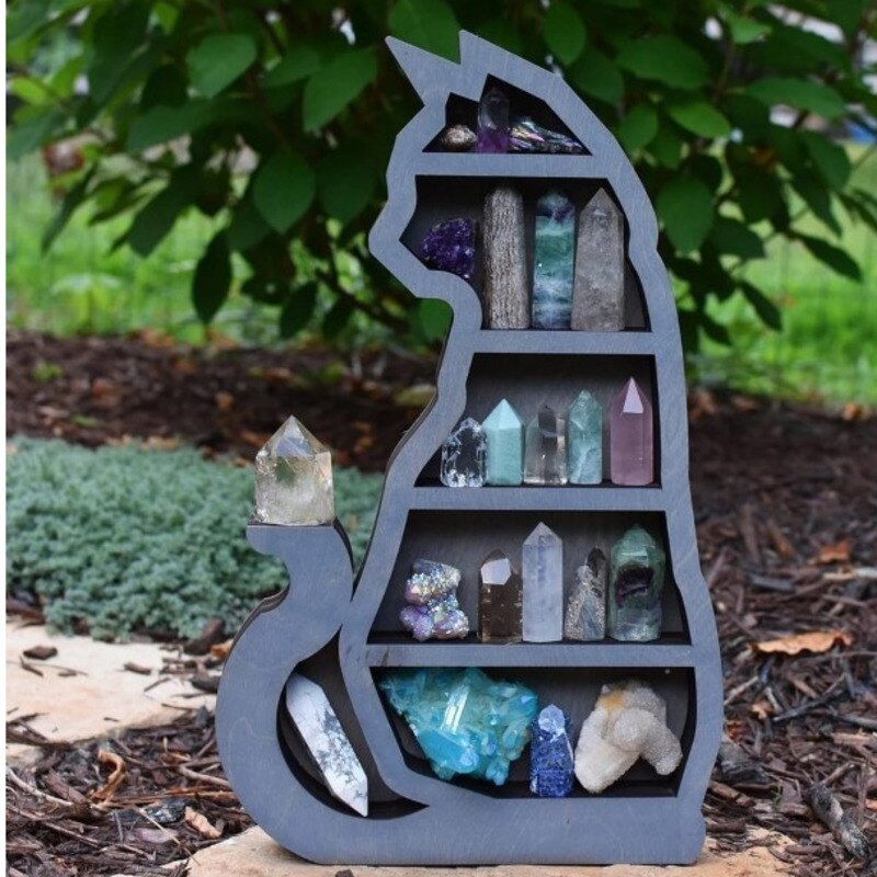 Cat On The Moon Crystal Wooden Shelf Cat Crystal Essential Oil Display Wall Organizer Living Room Rack Home Room Storage Decor: A