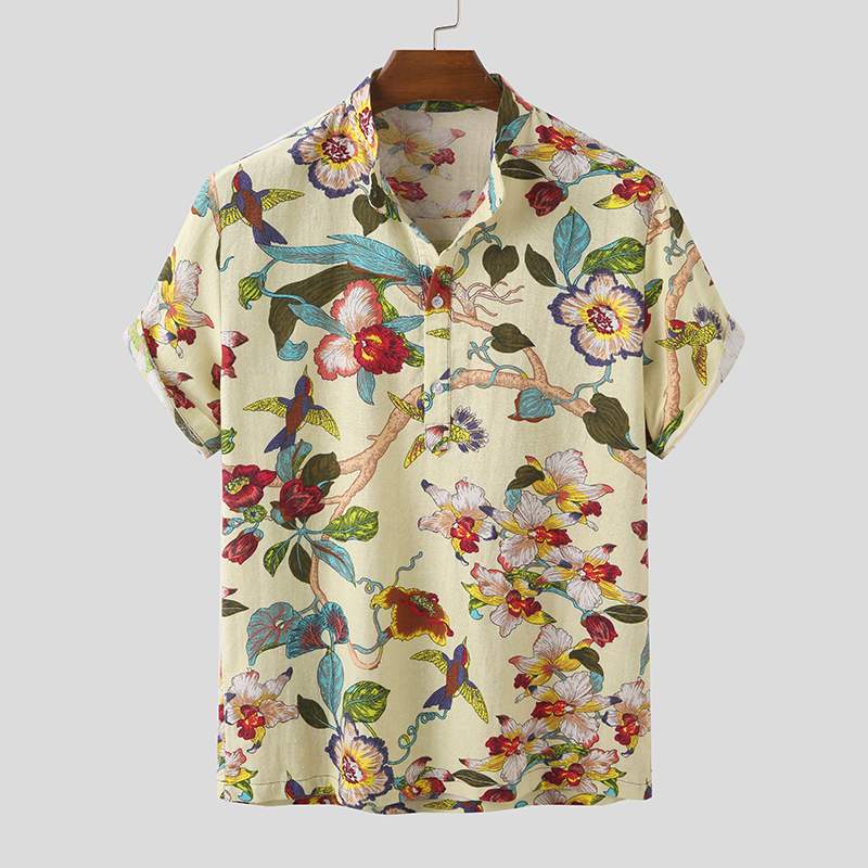 Menn sommer trykte skjorter kortermet camisa uformelt floral stativ krage blusas mann hawaiisk skjorter streetwear incerun 7: beige / Xxxl