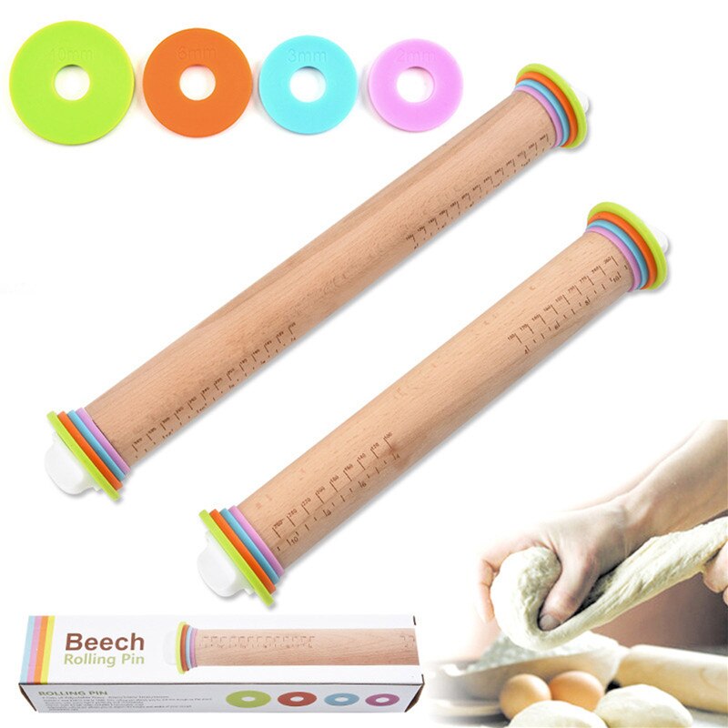 Rolling Pin Solid Beech Wood Adjustable Roller Pin with 4 Removable Thickness Rings for Baking Pizza Pie Pastries Cookies