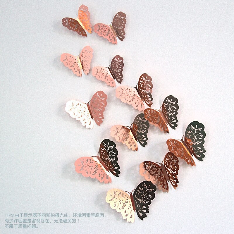 3d metalen stickers voor kamerdecoratie, 3d vlinders voor thuis, kinderkamer muurstickers, festival, feestindeling: Roségoud-a