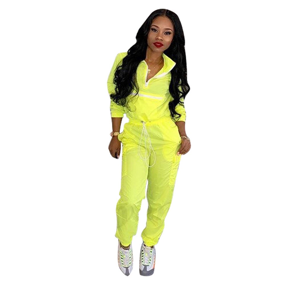 women zip up neck long sleeve short trench safari long pants suits two pieces set sporting tracksuit outfit GLD8238: Yellow / XL