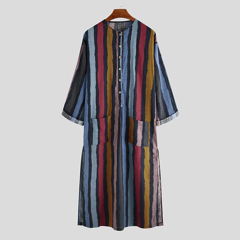 Túnica popular de Oriente Medio para hombre, informal islámica de manga larga árabe a rayas, Túnica musulmana de Camisa estampada, otoño e invierno,