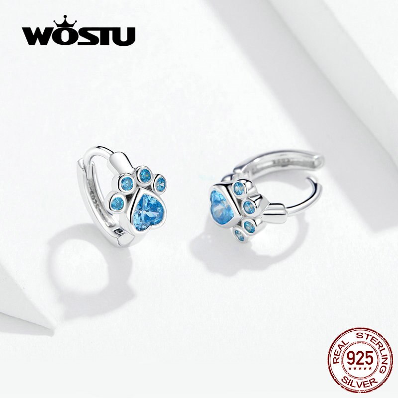 WOSTU Dog Paw Footprint Hoop Earrings 100% 925 Sterling Silver Blue Zircon Wedding Engagement Earrings For Women Jewelry CQE670