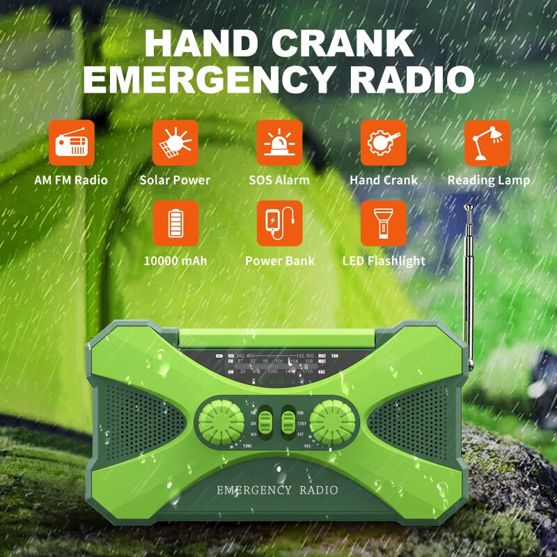 Portable Radio Hand Crank AM/FM/NOAA Emergency 3-in-1 Reading Lamp Flashlight Solar Charging 10000mAh Power Bank Support SOS