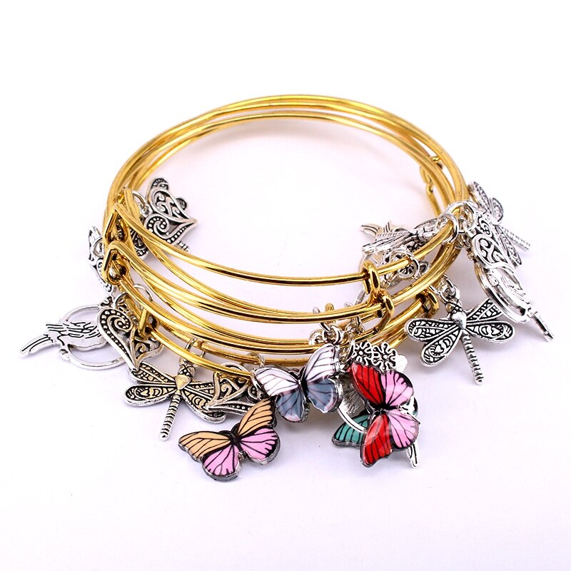 5Pcs Bangle Set Draad Armbanden Voor Vrouwen Meisjes Juwellen Vlinder Dragonfly Boog Bedels Armbanden Manchet Jewlery C044: C047 Antique Gold