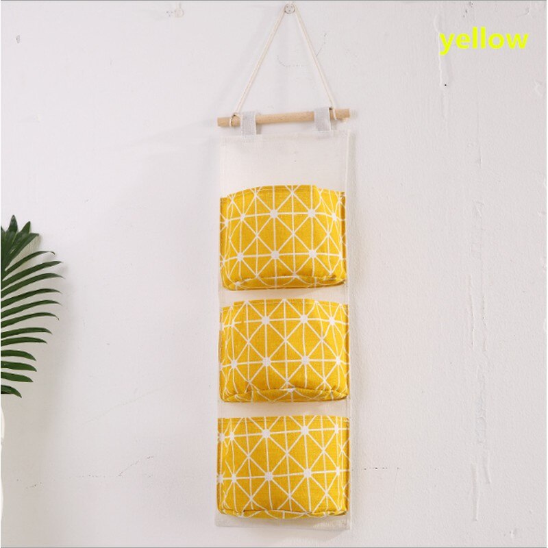 Três camadas grade pendurado saco de armazenamento algodão linho casa organização pendurado saco: YELLOW