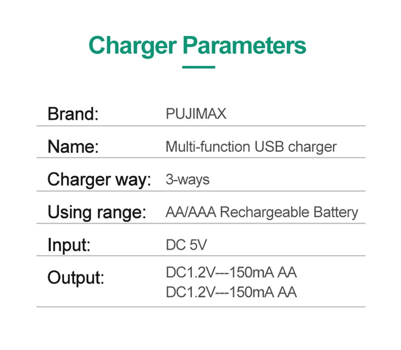 Pujimax 3 solts batteriladeradapter usb støpsel batterilader til universell aa / aaa oppladbare batterier strømtilbehør