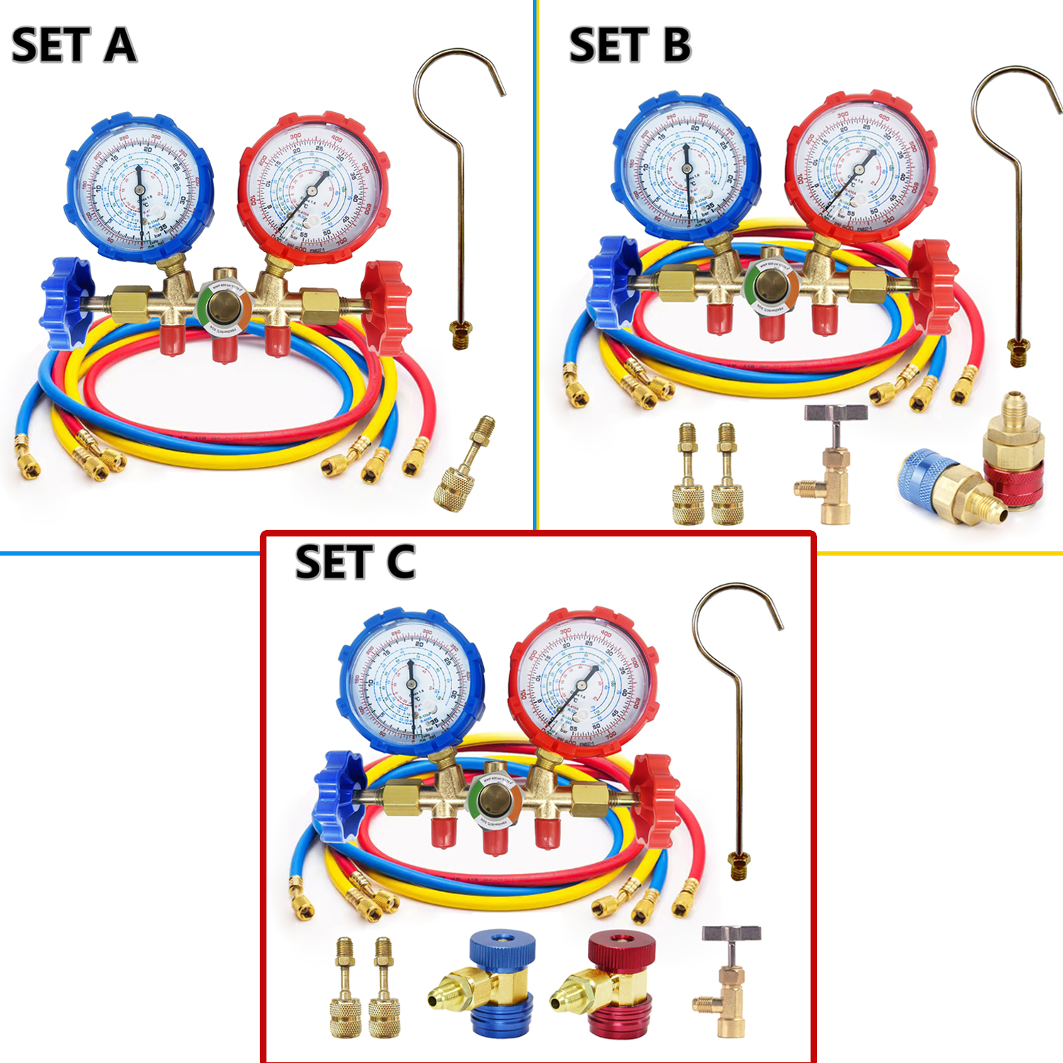 Air Conditioning Pressure Gauge with Hose and Hook 3 Way AC Diagnostic Manifold Gauge Set for Freon For R12 R32 R404A R134a