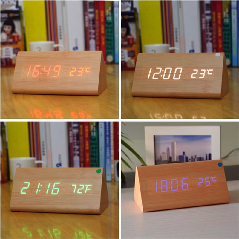 triangular wooden clock,sound control,thermometer,4 color LED display,digital desktop bedroom alarm clock on desk