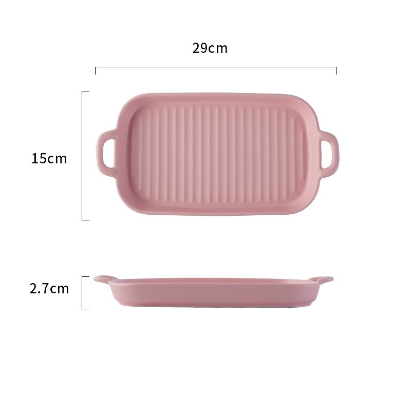 Nordic Ceramic Plate Rectangular Ceramic Plate with Handle Matte Satin Chassis Oven Baking Pan Western Roasted Wing Pan: pink rect