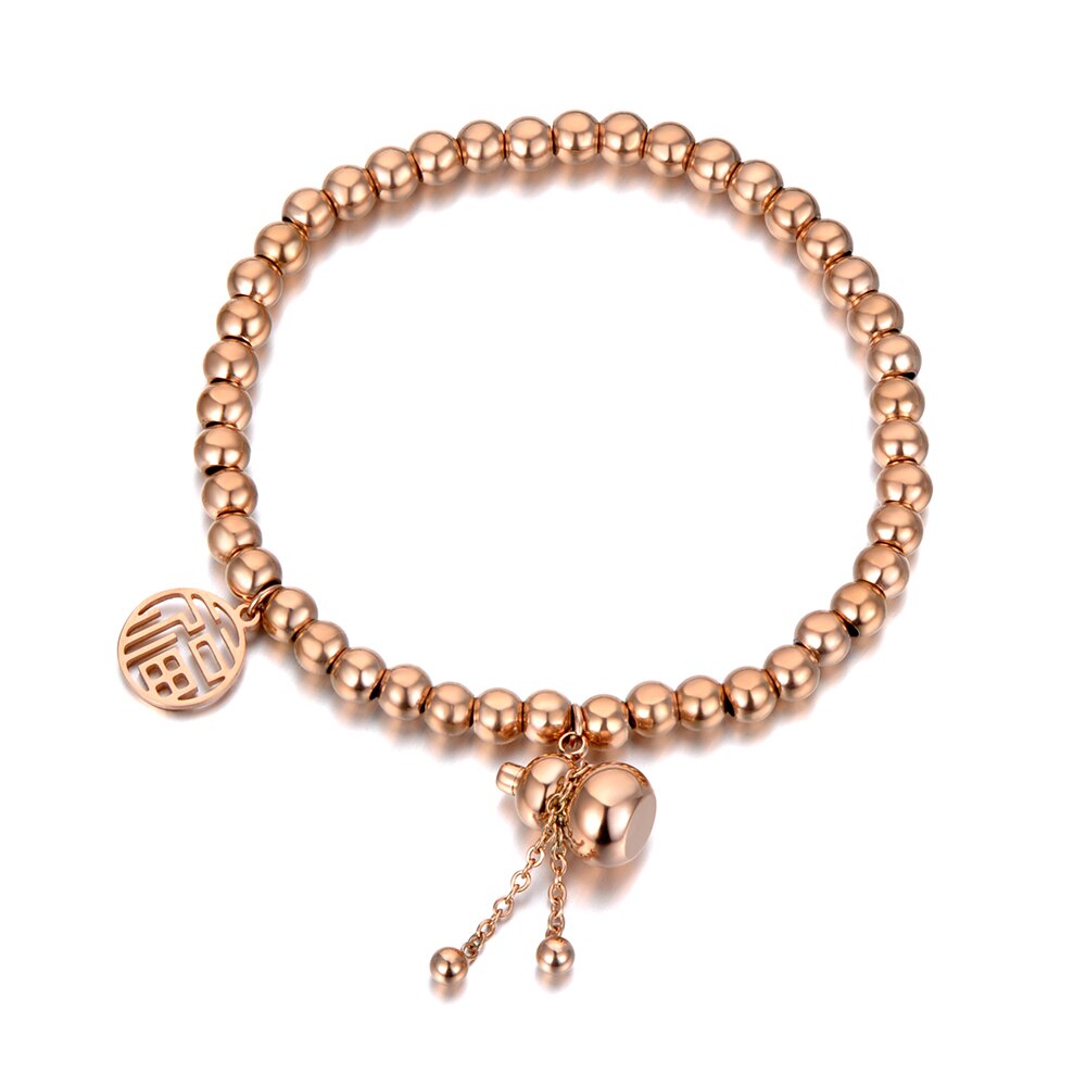 Lokaer Etnische Chinese Stijl Rvs Goede Luck &amp; Kalebas Charme Armbanden Voor Vrouwen Rose Gold Kralen Armband Sieraden B20138: Default Title