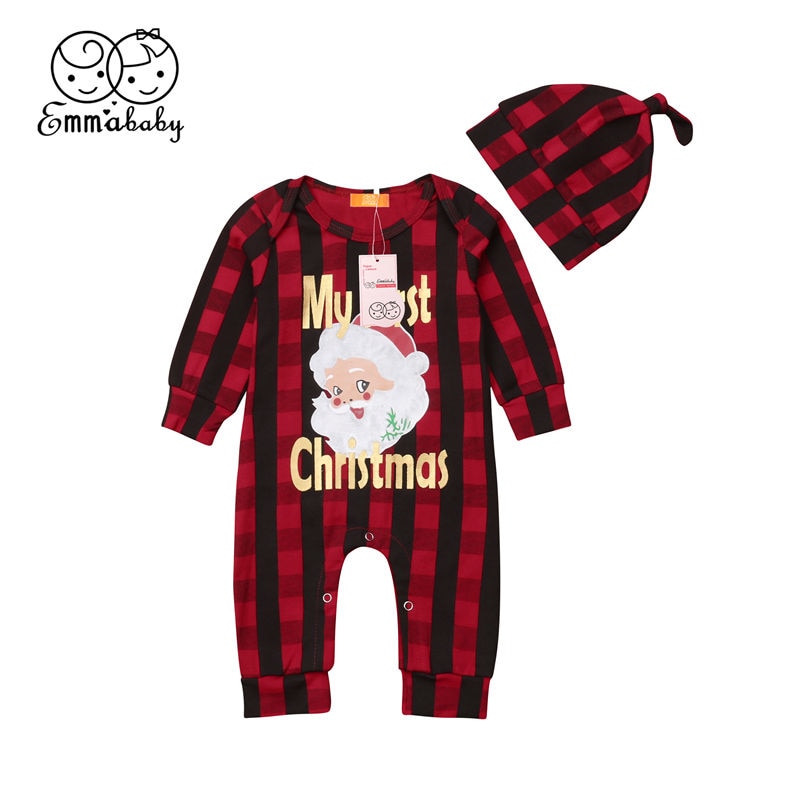 Emmababy MY First Christmas Baby Boy Girl Unisex Romper Plaid Clothes Outfits Leisure Child Girl Christmas Rompers