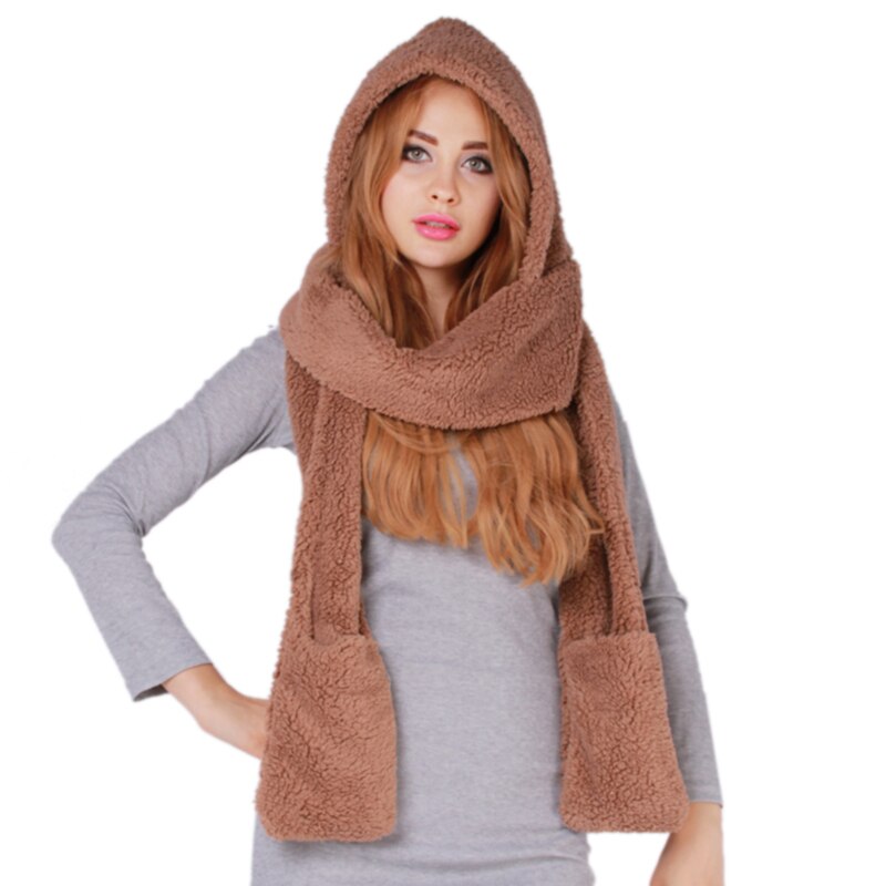 3 en 1 femmes hiver doux capuche écharpe Snood poche chapeaux gants à capuche Srarves écharpe chapeau gant 3 pièces ensembles