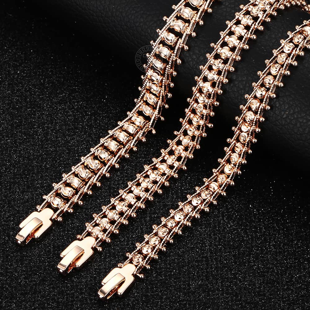 Bangle for Women Girls 585 Rose Gold Bracelet Trendy Hammered Centipede Smooth Carved Beads Ball Chain Wristband CBM03