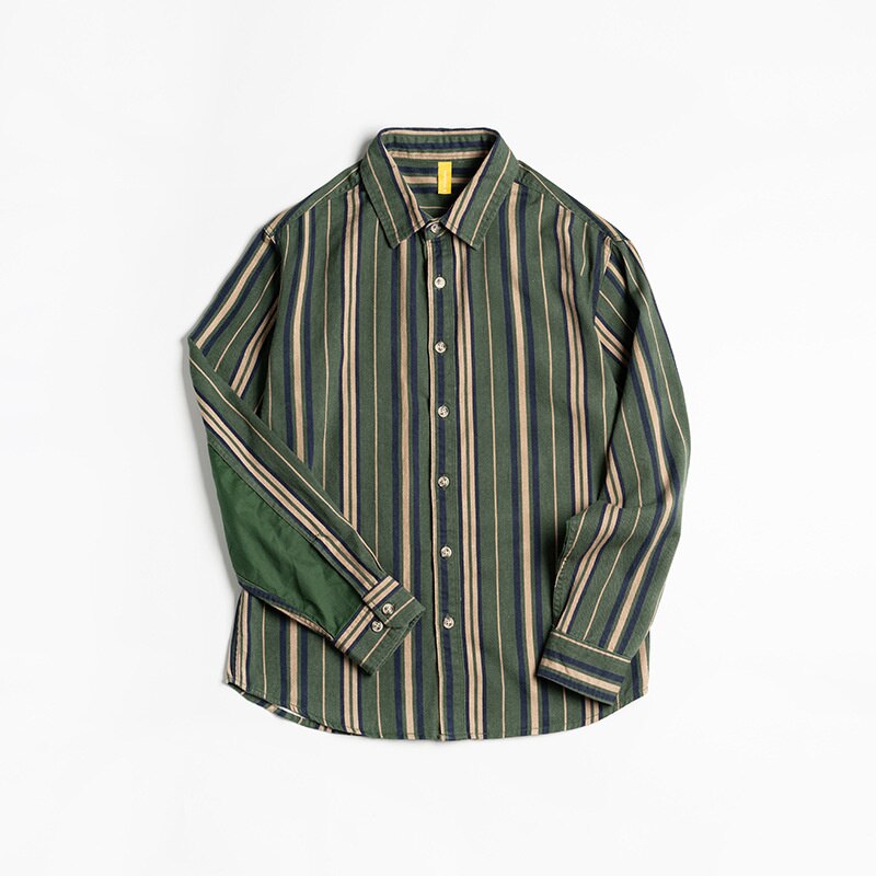 Camisas De algodón De manga larga con botones para Hombre, Camisas De rayas verticales verdes Vintage, Tops, ropa De calle coreana: Green / L