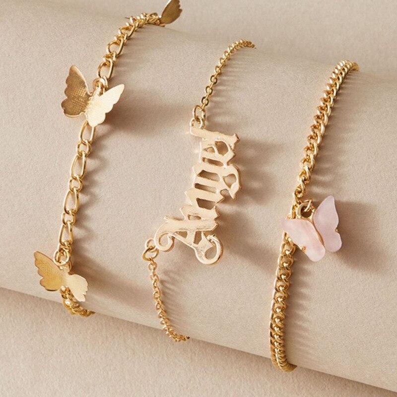 sommer Strand Knöchel Armbinde Mädchen Schmetterling Winkel knapp Alphabet Rosa Anhänger Legierung mehrschichtig Fuß Schmuck Für Frauen: NZ0119fense