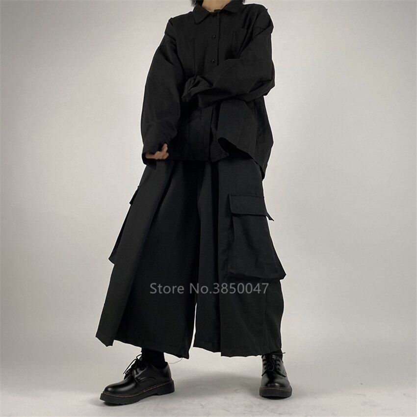 Harajuku Japanese Style Pants Haori Wide Leg Trousers Samurai Costume Black Gothic Harem Pants Kimono Loose Hip Hop Punk Yukata
