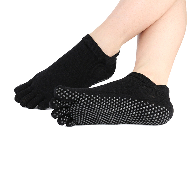 Damen- und herren-yogasocken aus baumwolle, rutschfest, fünf zehen, fitness- und sportsocken, pilates-socken mit knöchelhalt, strapazierfähig, warm.: Schwarz