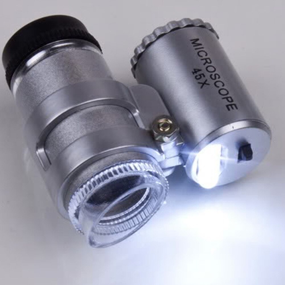 Portable Mini 45X 2LED Pocket Microscope Magnifier with Black case Jeweler Loupes Glass Lens with PVC leather pouch