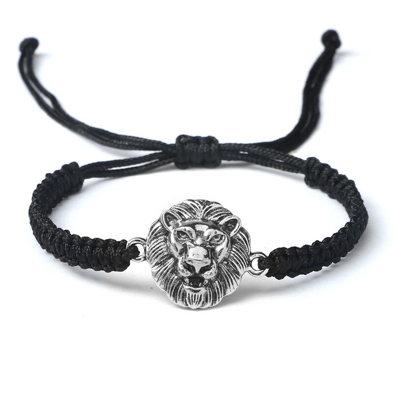 Vintage Leeuwenkop Bedelarmband Handgemaakte Geweven Rood Zwart Knopen Touw Verstelbare Armbanden En Armbanden Voor Vrouwen Mannen Paar Sieraden: Black and silver