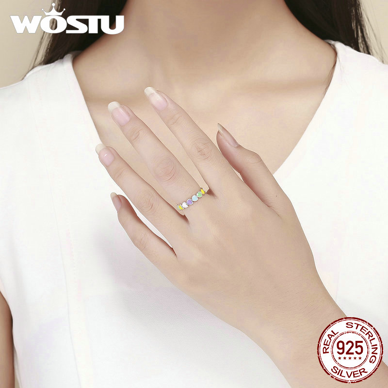 WOSTU 925 Sterling Silver Multi-Color Rainbow Heart Finger Rings For Women Anniversary Ring Jewelry CQR444