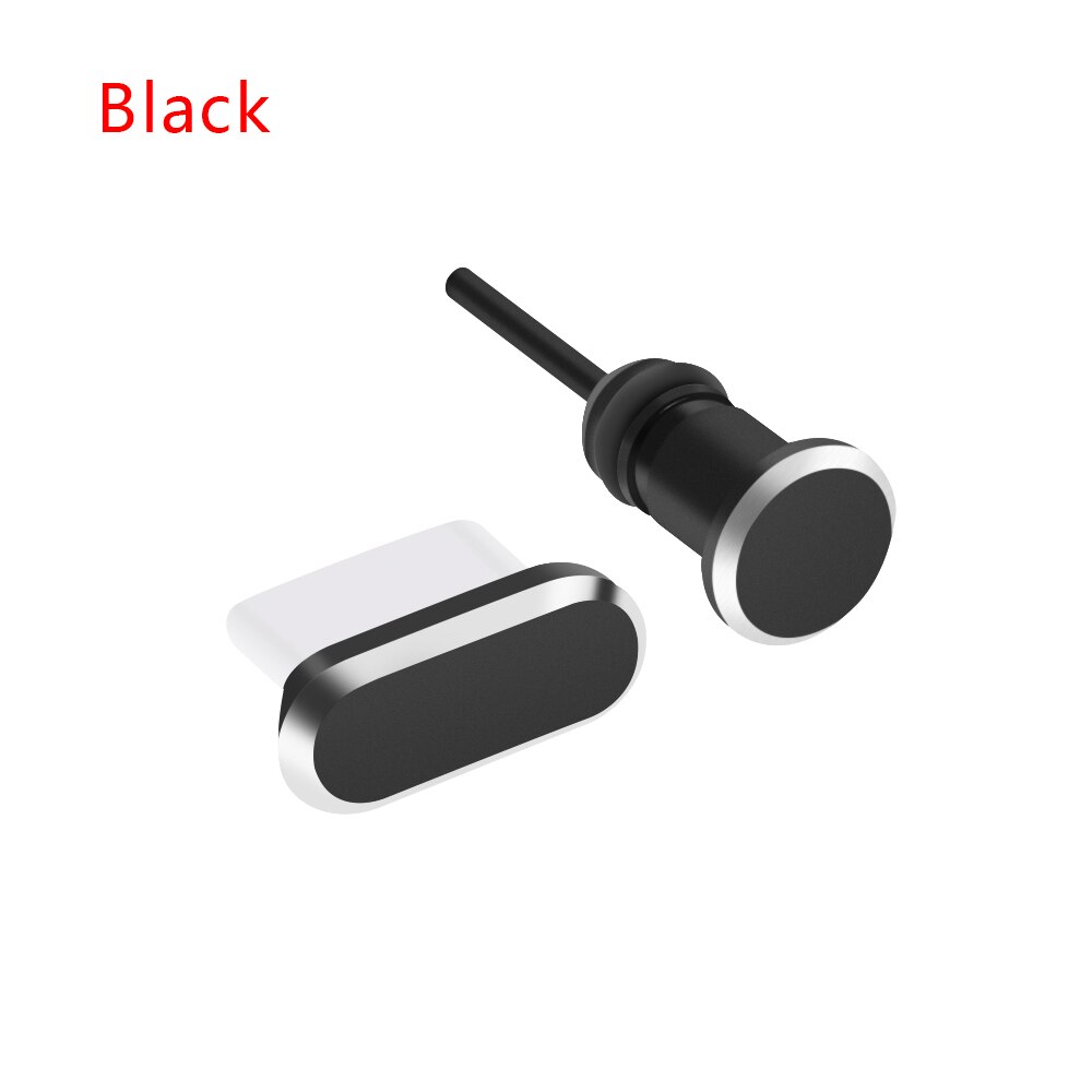 2 pièces universel Type C Port de charge 3.5mm prise poussière prise Sim carte broche métal écouteur Jack USB C poussière accessoires de téléphone portable: black