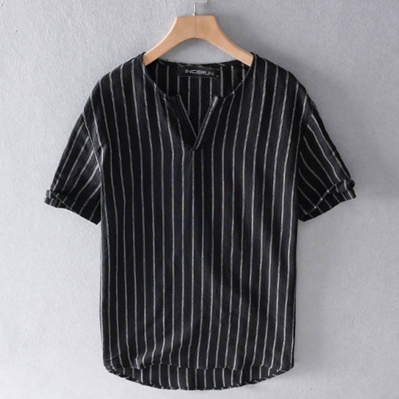 Incerun herr randiga skjortor casual kortärmad v-ringad camisa man bomull andas blusas lös harajuku blus s -5xl 7: Svart / 5xl