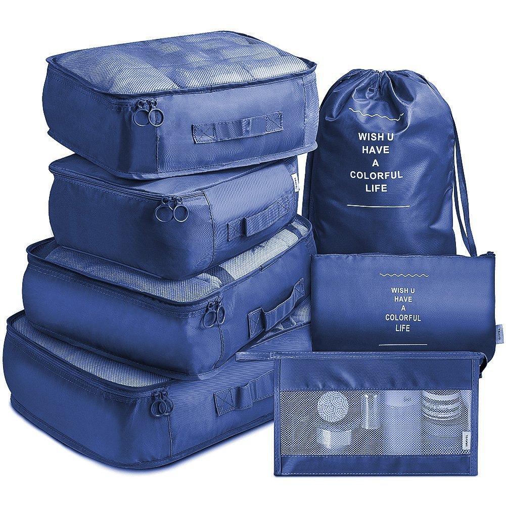 7Pcs Travel Organizer Storage Bags Wardrobe Cube Suitcase Packing Cubes Set Storages Luggage Clothes Shoe Pouch Folding: Blue