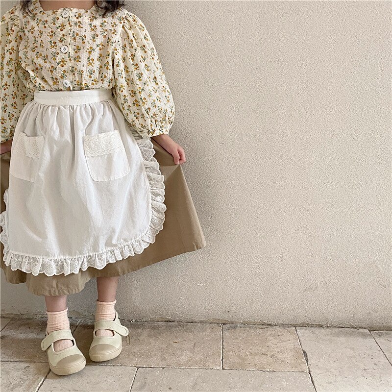 Autumn Girl Maid Skirts Toddler Children Two-Piece Lace-up Apron Skirt Baby Solid Color with Pockets Cotton Skirts