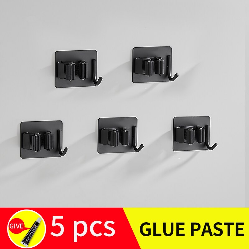 Salon balai et serpillère support inox robe crochets installation sans vis noir salle de bain étagères parapluie étagère de rangement: black-5pcs