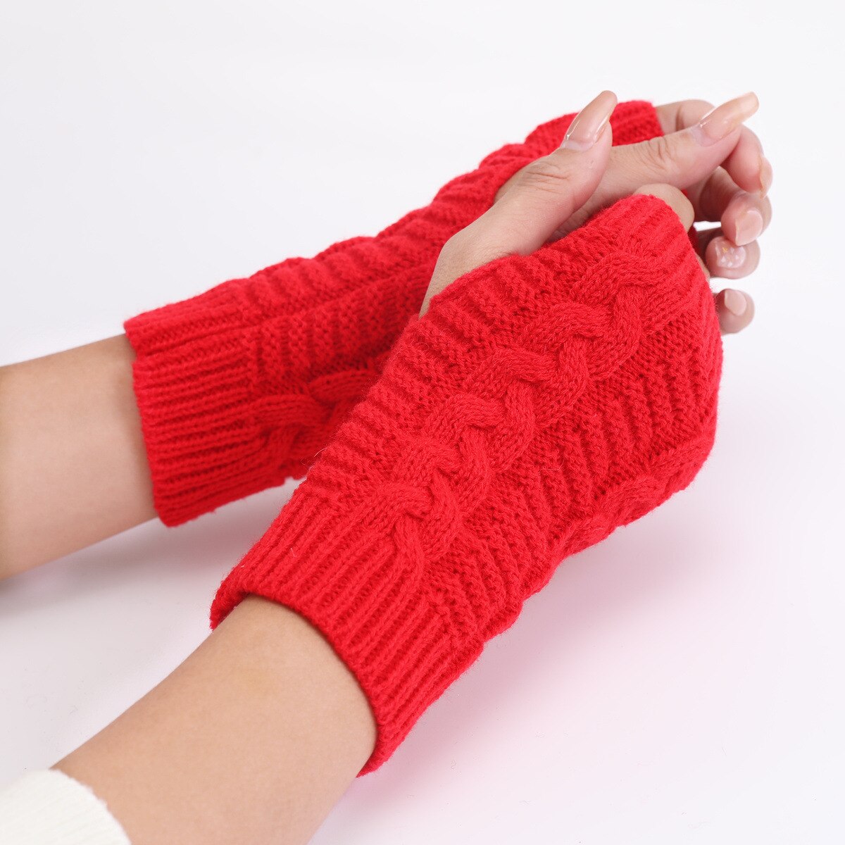 Gants sans doigts pour femmes, mitaines chaudes tricotées, extensibles, avec trou pour le pouce et les bras, hiver, noir, rouge et gris: Rouge