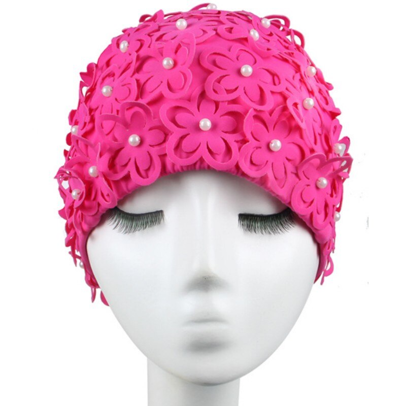 Oorbescherming voor dames, badmuts, handgemaakt, waterdicht, elastisch, badmuts met bloemblaadjes, voor dames met lang haar.: Roze