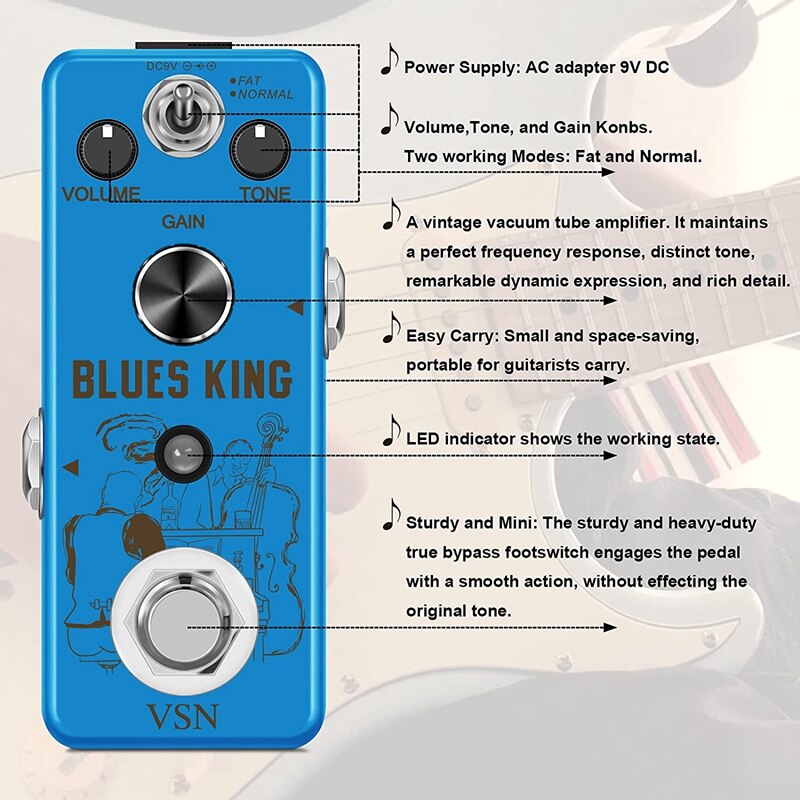 VSN Bluesy Guitar Pedal Blues Style Distortion Effect Pedal Fat &amp; Normal 2 Modes Wide Range Frequency Response