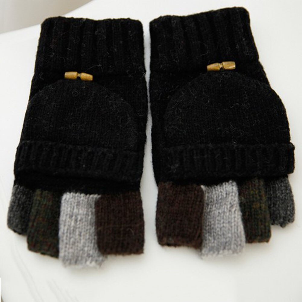 Mittens Stitching Color With Flip Top Knitted Men Gloves Outdoor Sports Cycling Warm Half Finger Winter Thickened Hiking