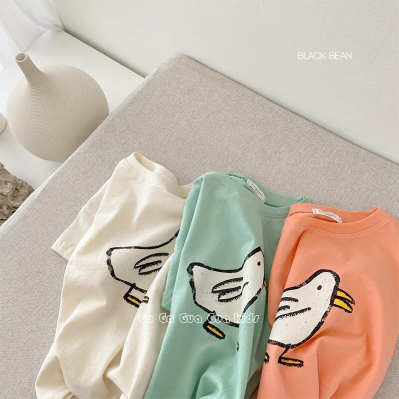 T-shirt à manches courtes pour bébé fille et garçon, en coton, doux, uni et mignon, avec dessin animé de canard, hauts