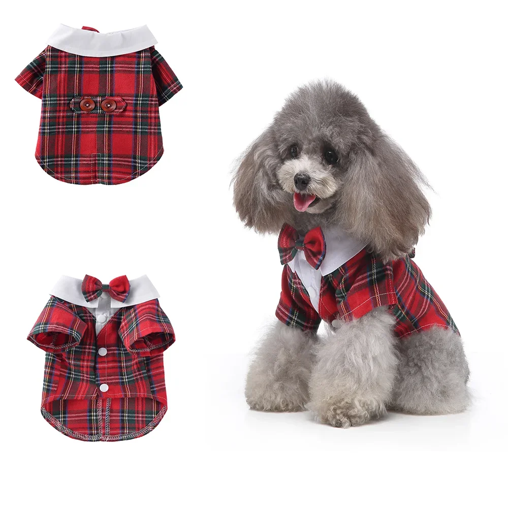 Gentleman Hond Kleren Kat Huisdier Trouwpak Leuke Cachorro Mascotas Pak Gestreepte Smokingvlinderdas Wedding Shirt Kostuum: M / Red checked