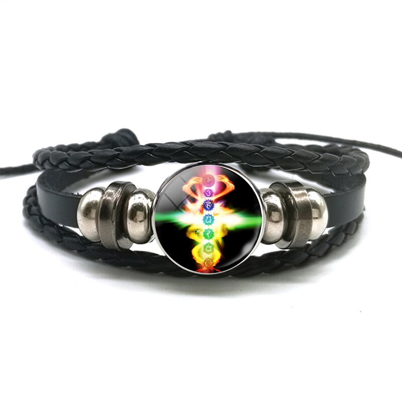 Pulsera de cuentas de 7 Chakras, brazalete de cuero negro con cabujón de cristal para meditación, joyería India para hombres y mujeres
