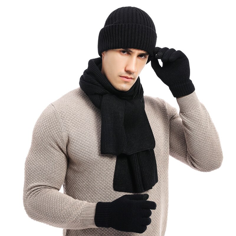 3 stykke sæt vinter vinter mænds strikket uld beanie hat tørklæde handsker sæt mænds daglige fritid ski camping fiskeri varmt sæt: Sort