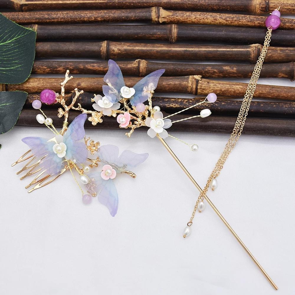 Women Hanfu Pearl Long Tassel Flower Hair Sticks Hairpins Hair Combs Set Chinese Style Bridal Wedding Hair Accessories